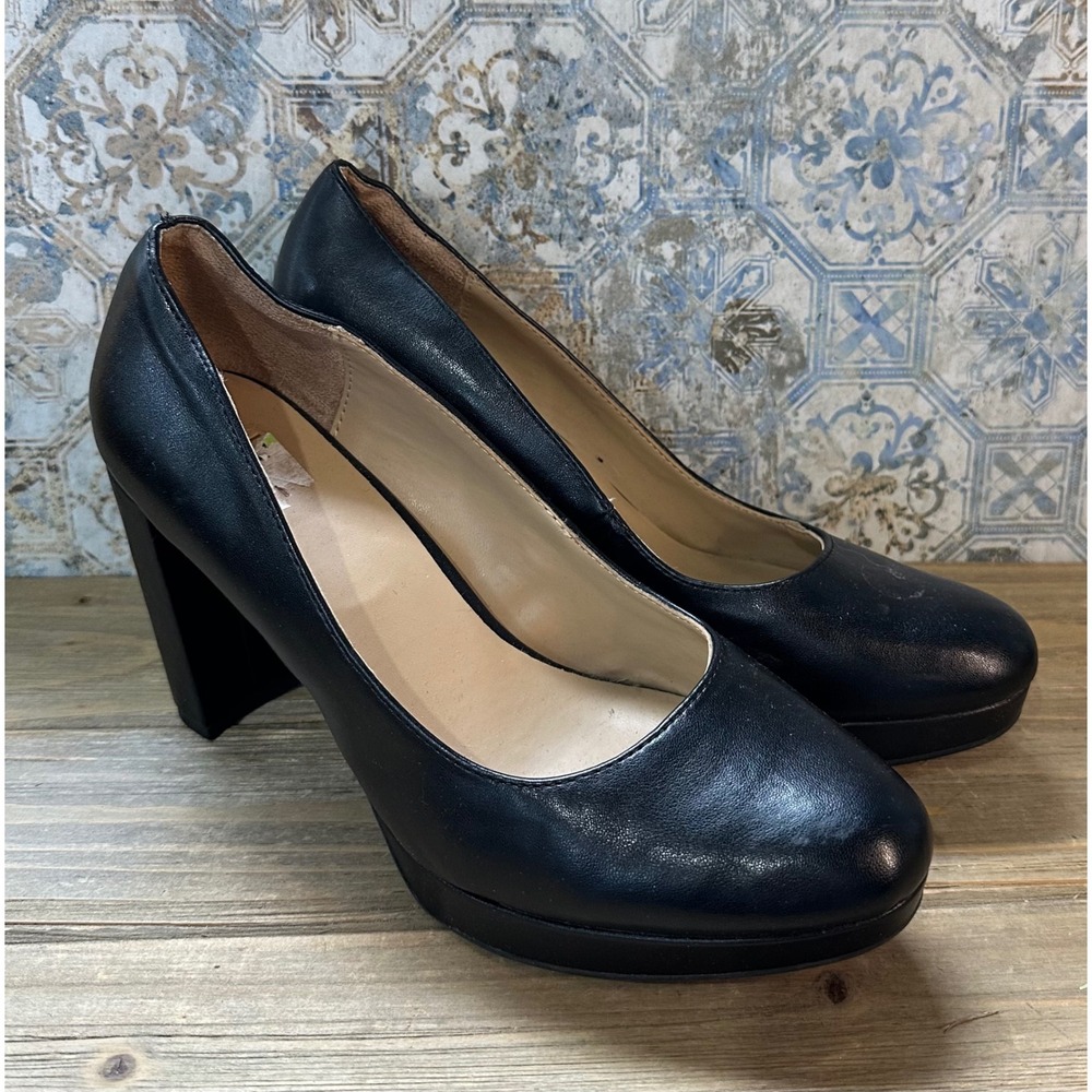 Naturalizer Block Heel Pumps Platform Round Toe Womens 9 M Black Excellent
